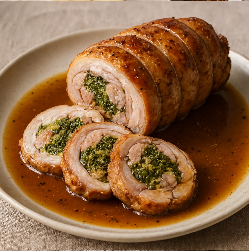 Kiprollade van kippendijfilet met kruidige vulling en jus
