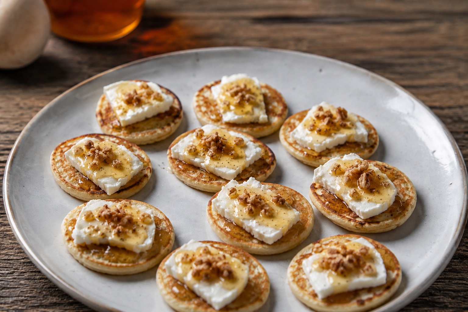 Mini-blini met geitenkaas & honing